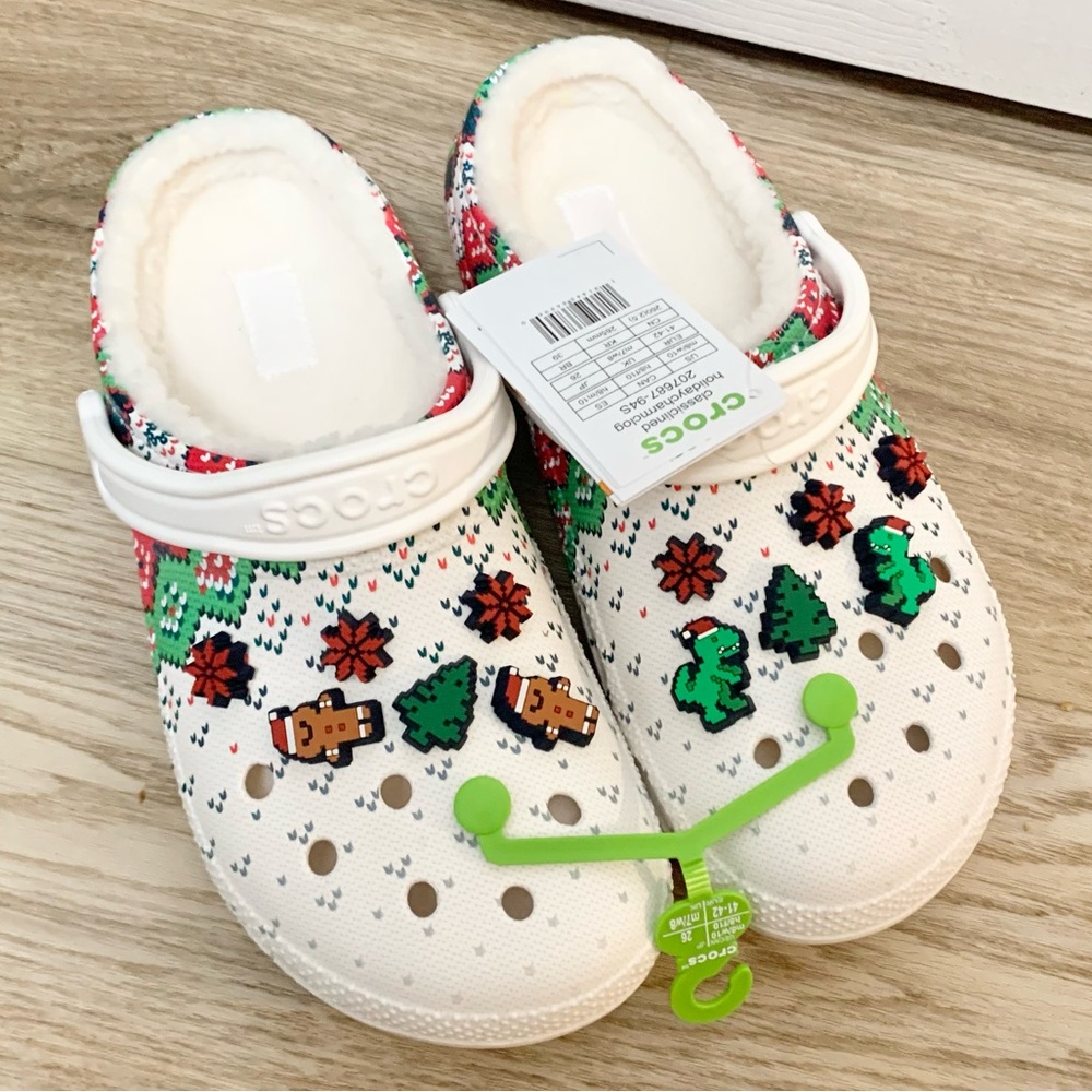 Crocs Classic Lined Holiday Charm Clog - Christmas White - Womens 10 - NEW